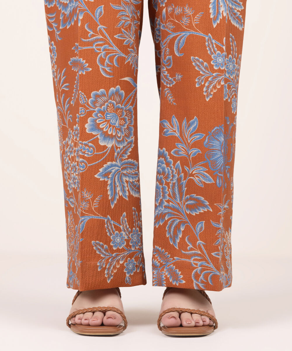 Women's RTW Seersucker Printed Rust Straight Pants
