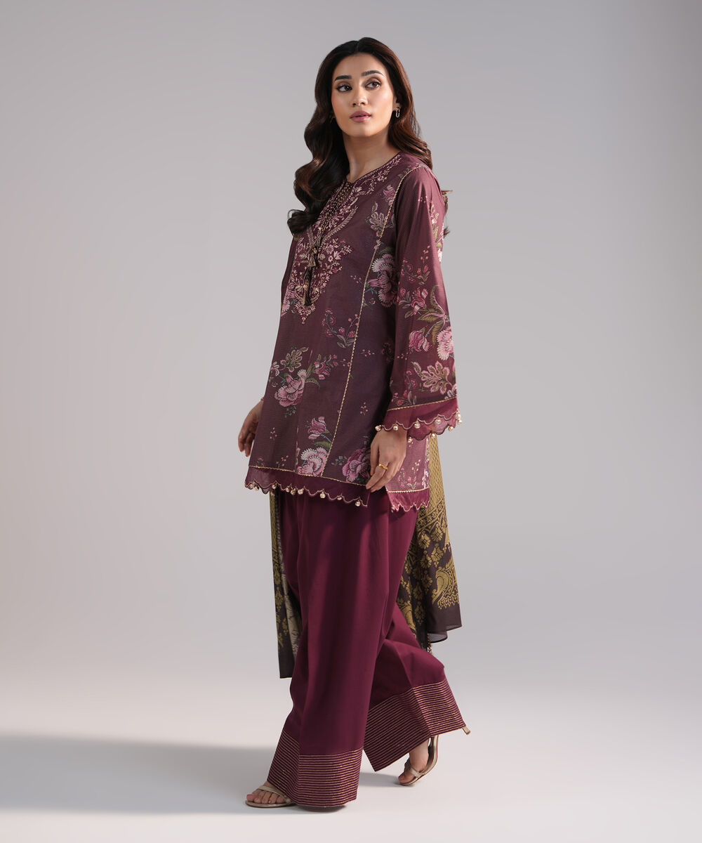 Women's RTW Zari Lawn Embroidered Plum 3 Piece Suit