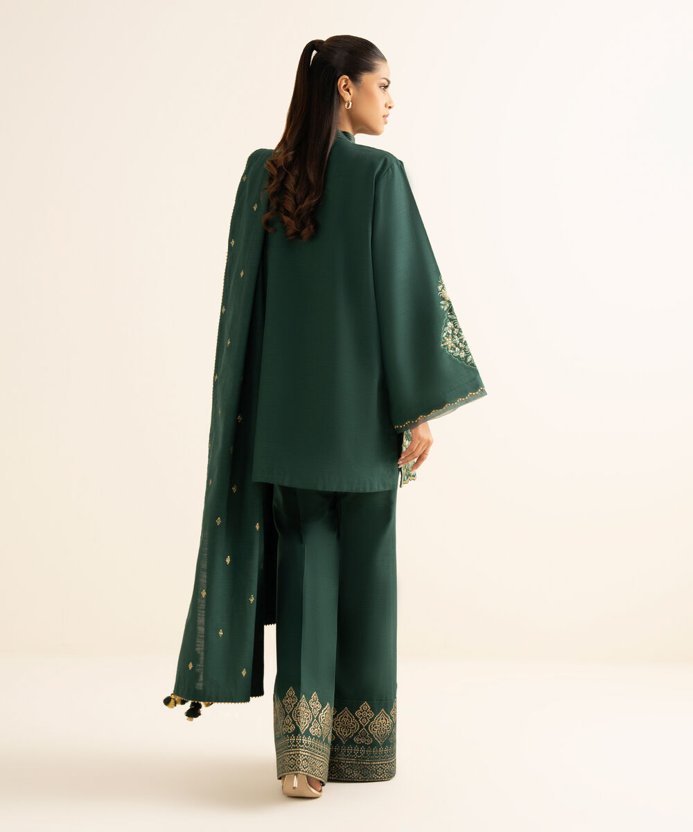 Women's Unstitched Cotton Embroidered Green 3 Piece Suit
