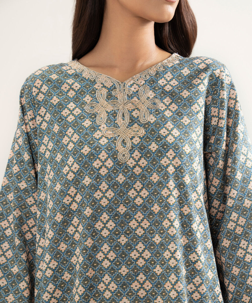 Women's RTW Lawn Embroidered Blue A-Line Shirt