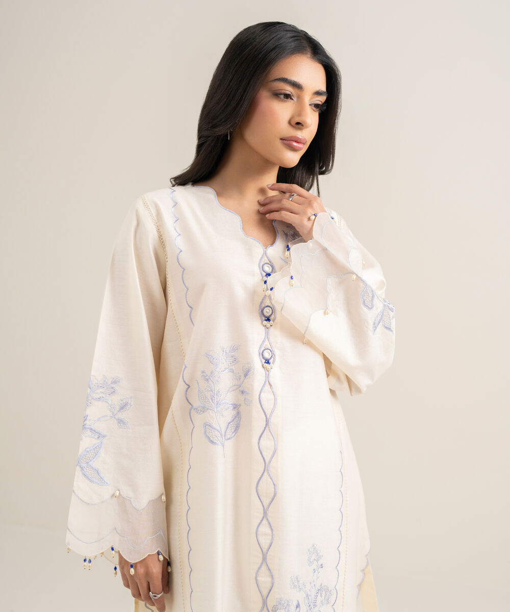 Women's RTW Silk Cotton Net Embroidered Off White 2 Piece Suit
