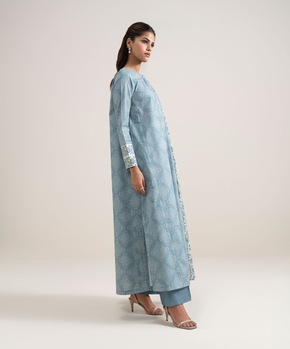 Women's Unstitched Lawn Printed Ice Blue and Off White 3 Piece Suit