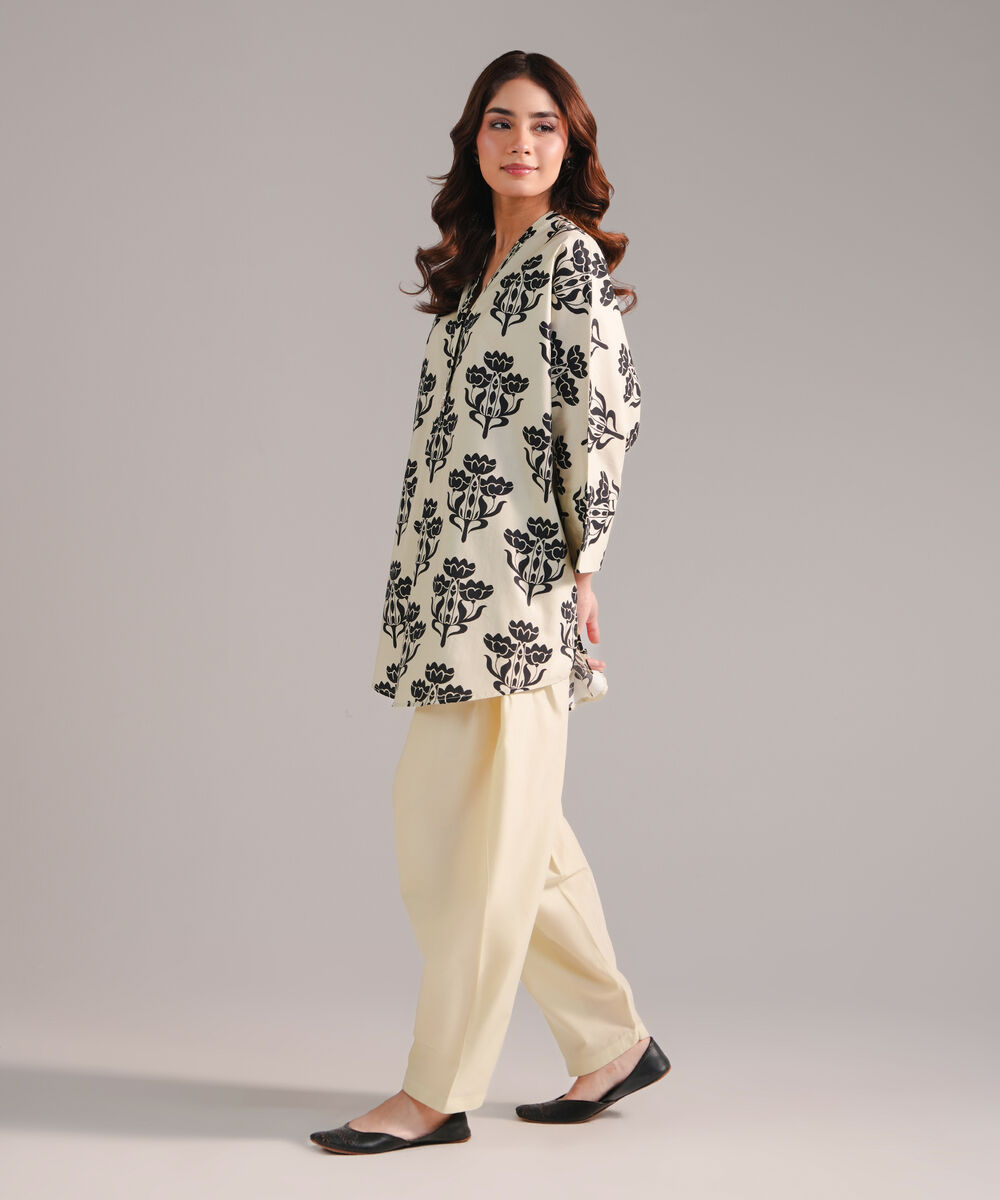 Women's RTW Cambric Printed Off White 2 Piece Suit