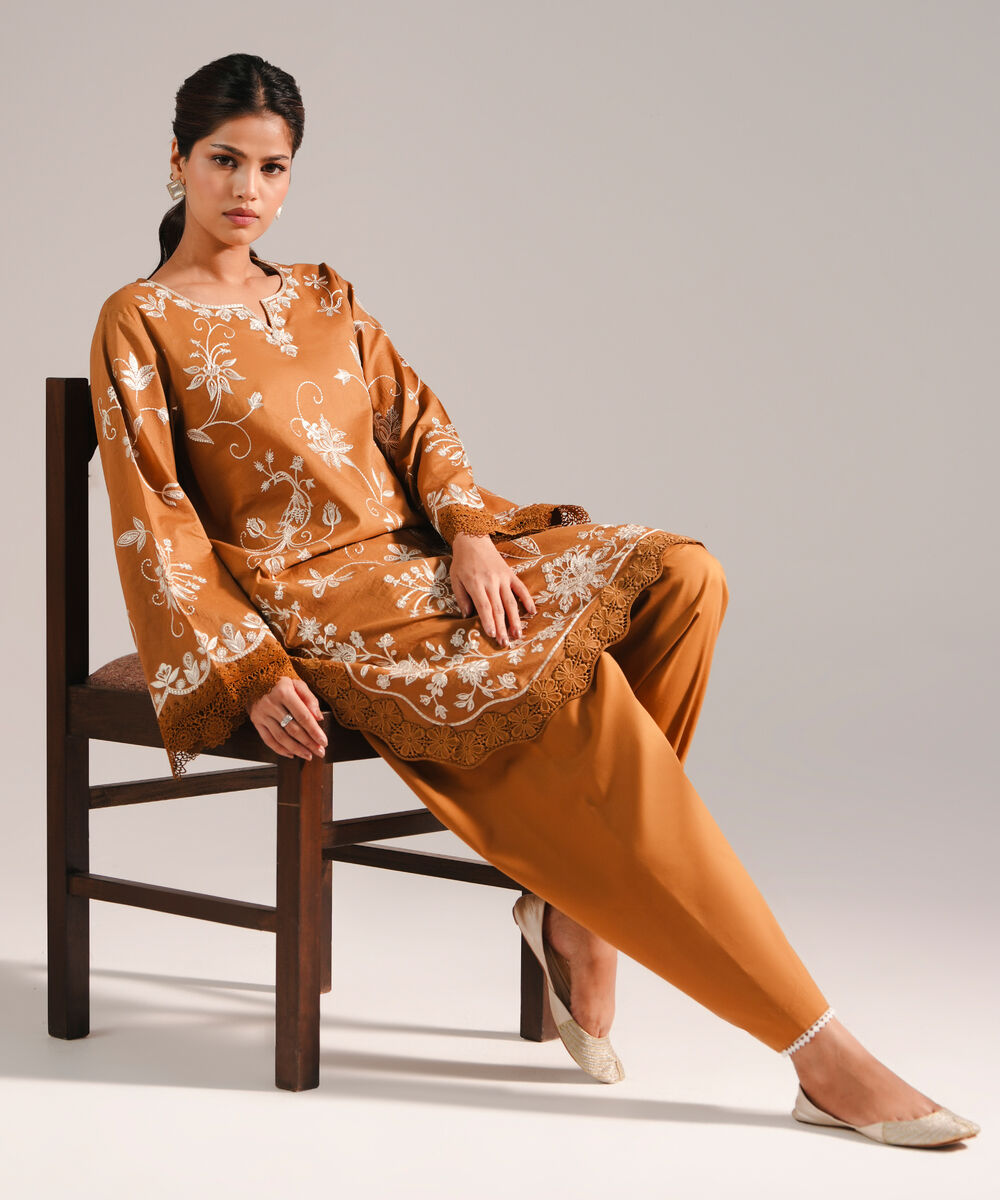 Women's RTW Lawn Embroidered Brown 2 Piece Suit
