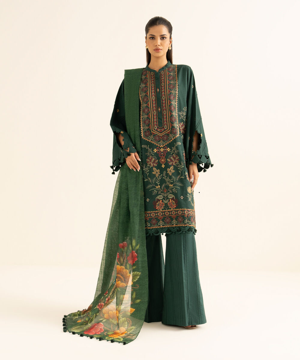 Women's Unstitched Dobby Embroidered Green 3 Piece Suit