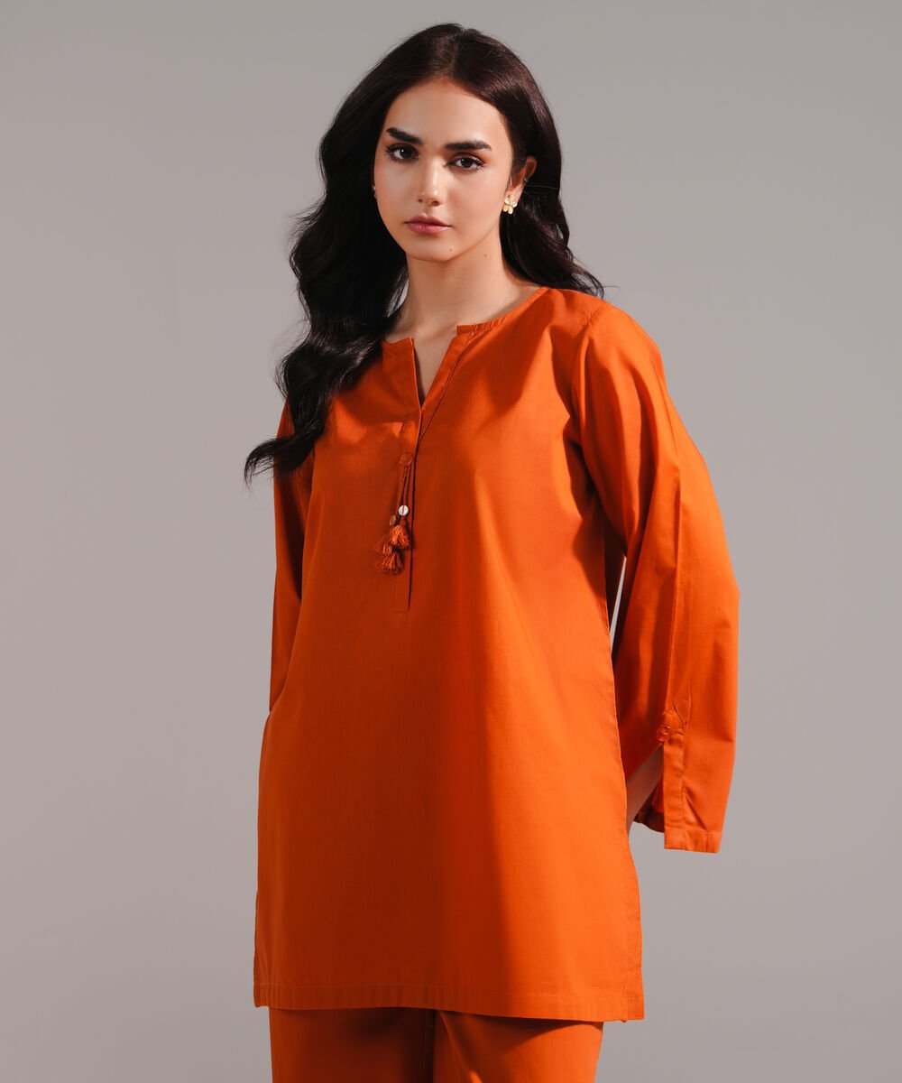 Women's RTW Lawn Solid Orange  Straight Shirt