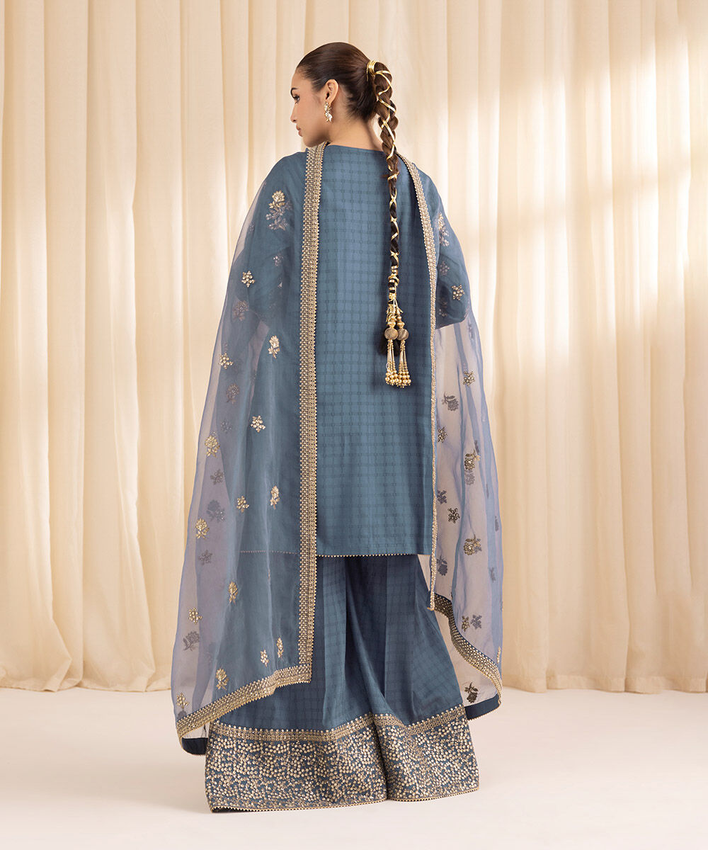 Women's RTW Dobby Blue Embroidered Three Piece Suit