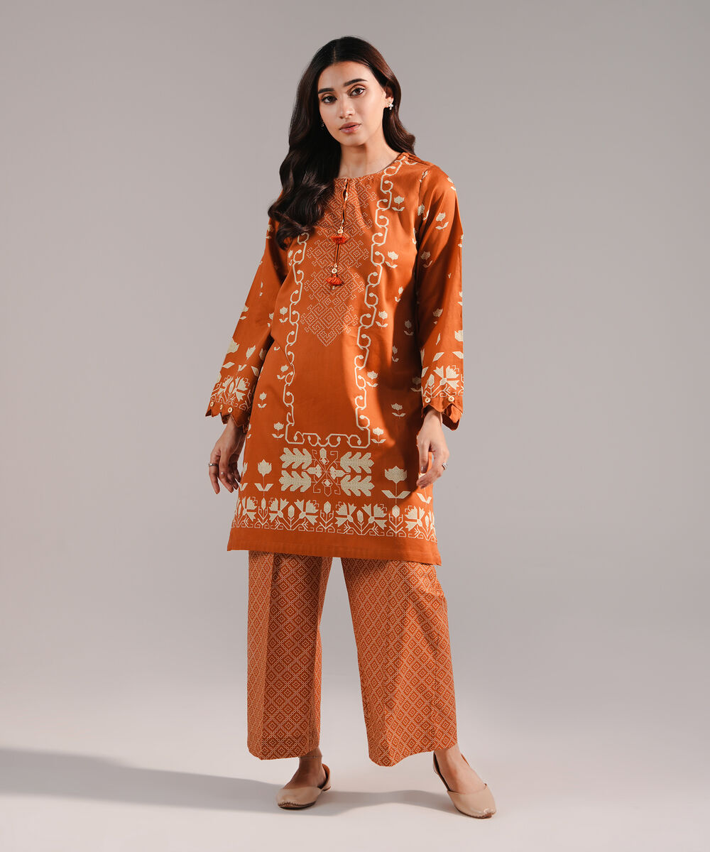 Women's RTW Cotton Satin Printed Brown Straight Shirt