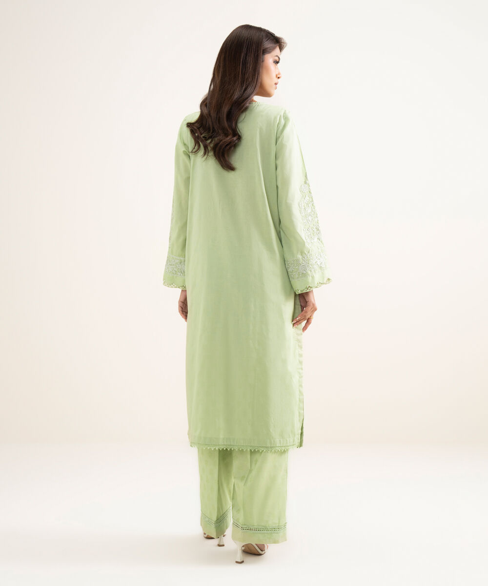 Women's RTW Self Jacquard Embroidered Green A-Line Shirt
