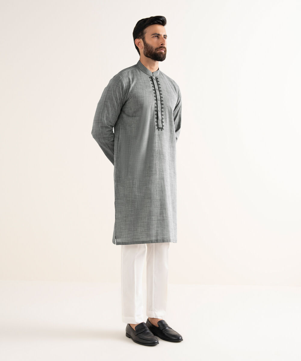 Men's Yarndyed Wash & Wear Embroidered Grey Kurta