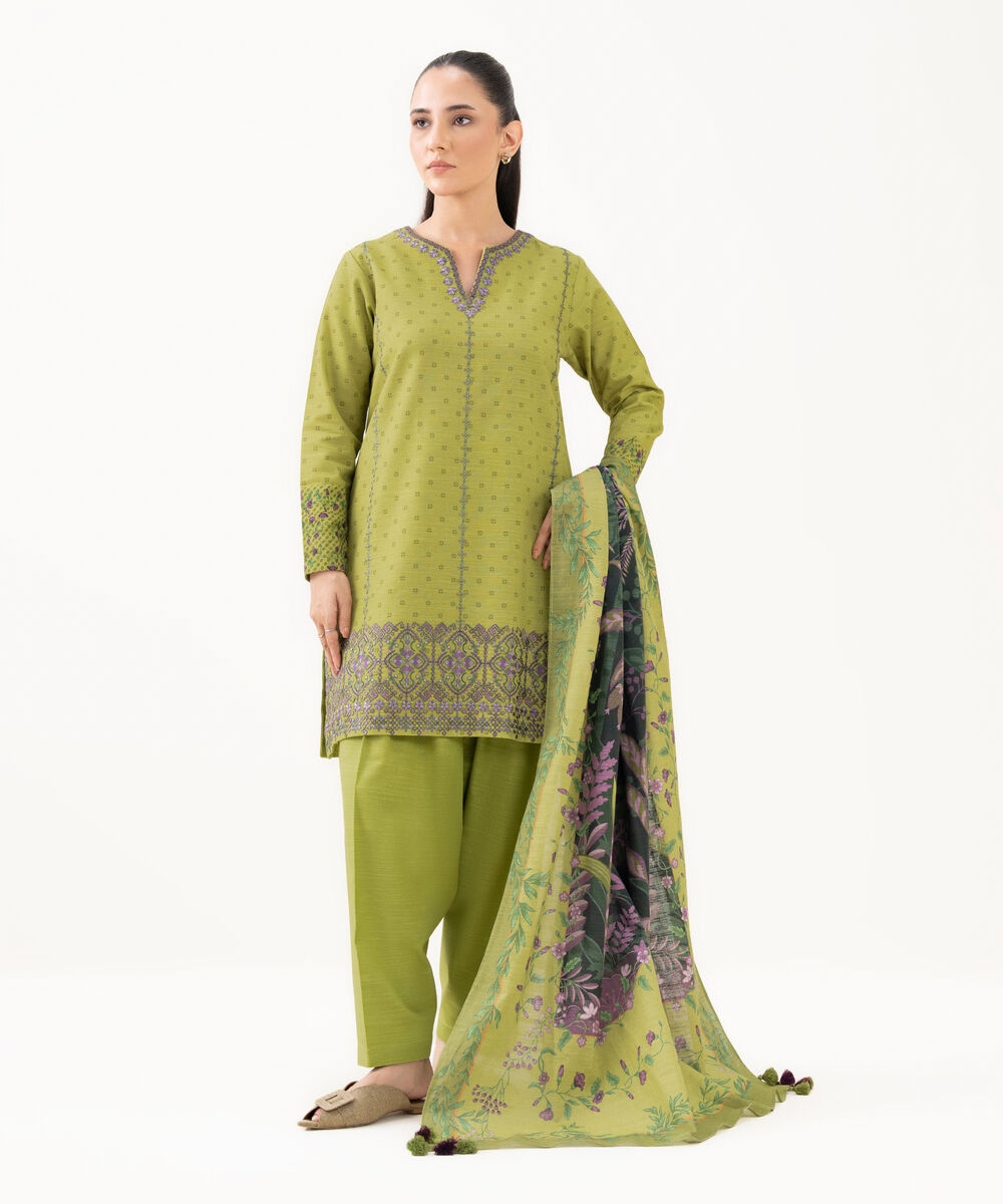 Women's Unstitched Light Khaddar Embroidered Green 3 Piece Suit