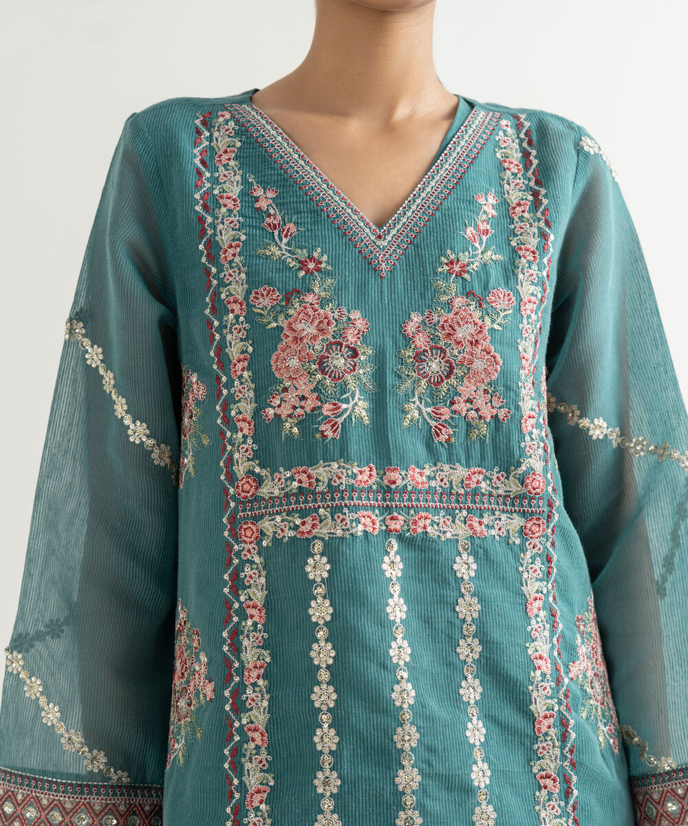 Women's RTW Blended Textured Karandi Embroidered Straight Blue Shirt