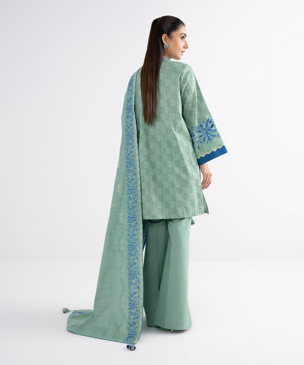 Women's Unstitched Cotton Jacquard Embroidered Green 3 Piece Suit