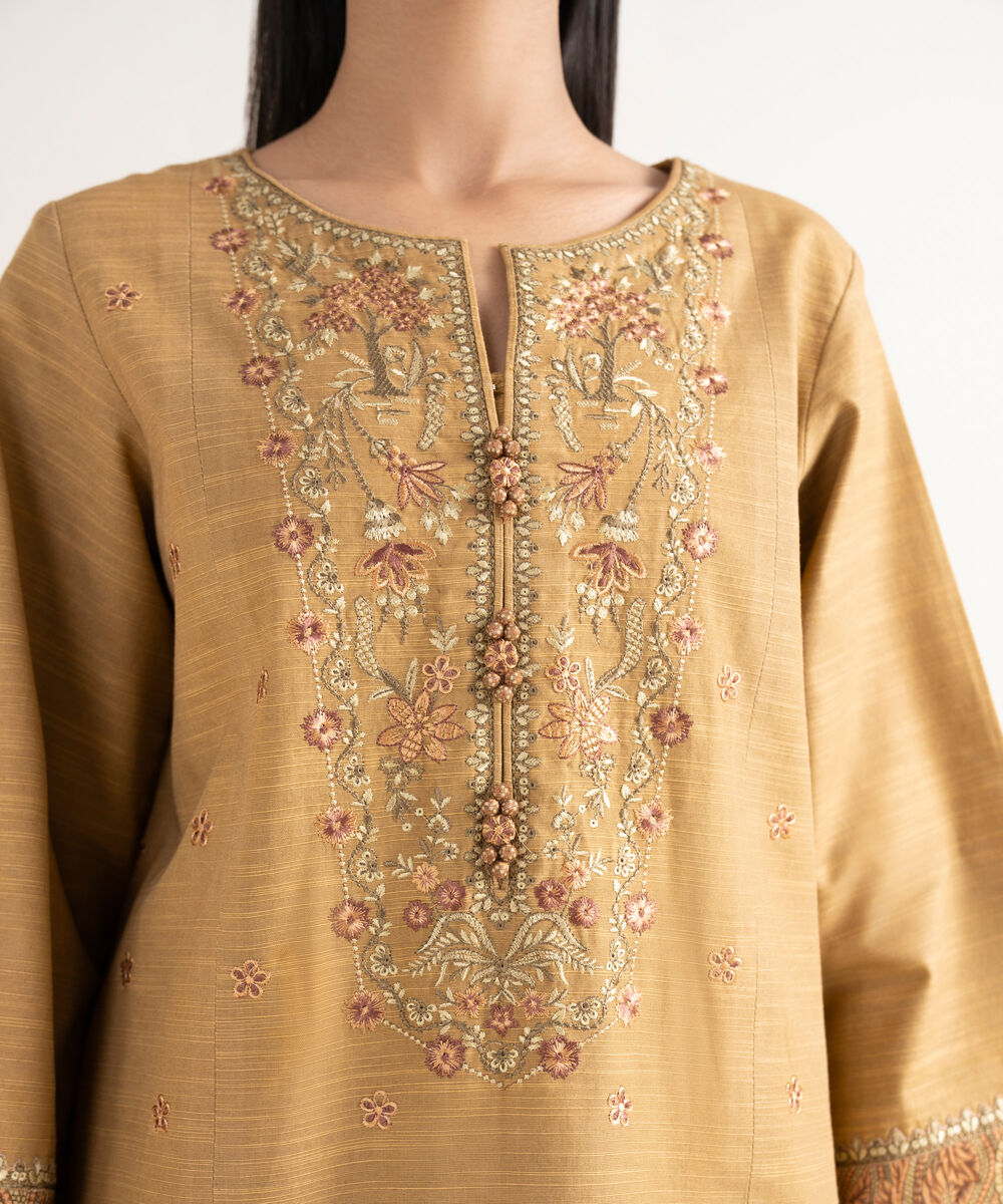 Women's Unstitched Khaddar Embroidered Brown 3 Piece Suit