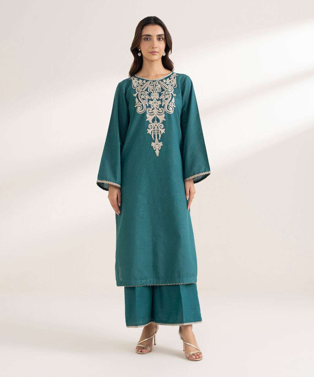 Women's RTW Zari Cotton Embroidered Straight Blue Shirt
