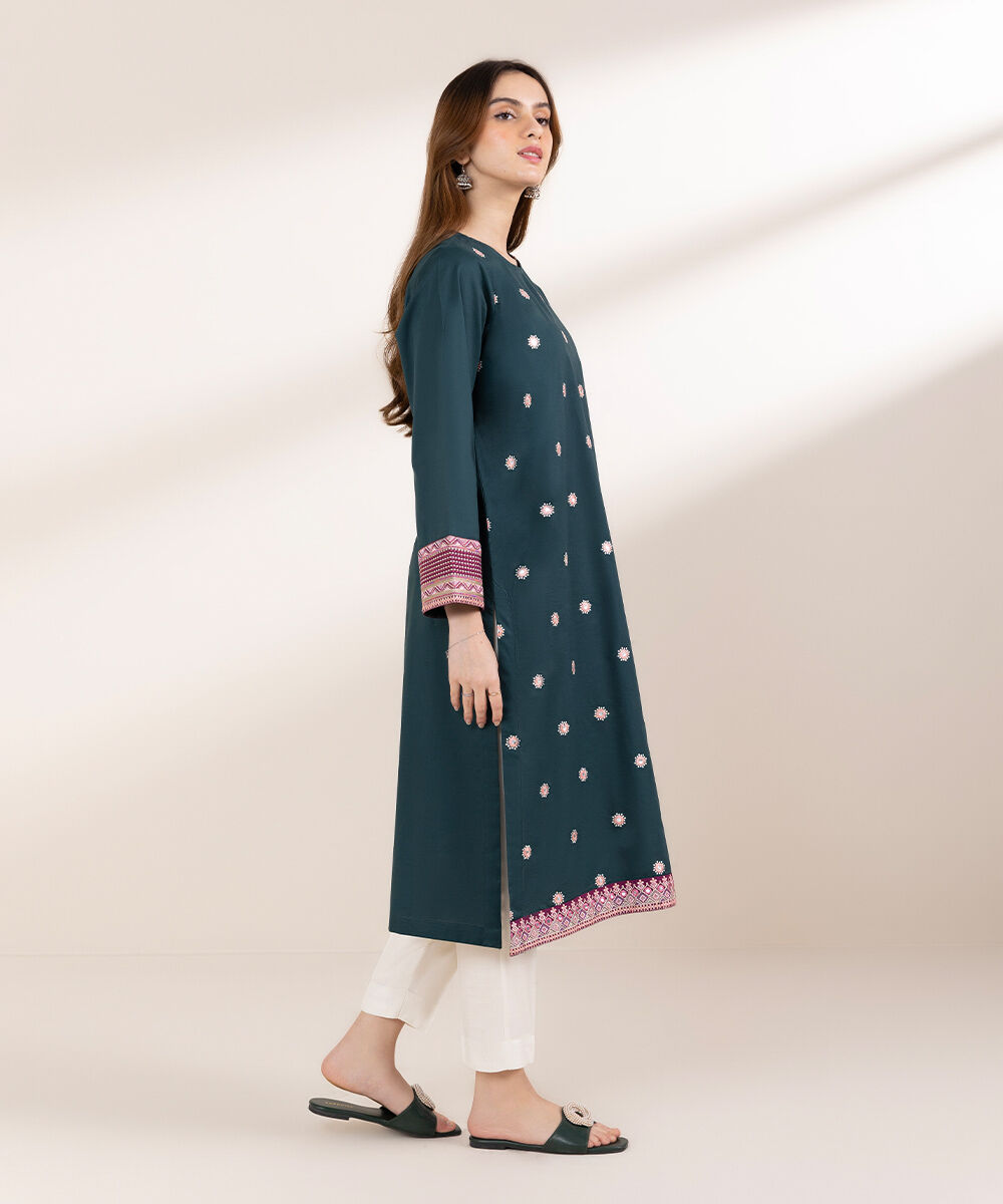 Women's Pret Cambric Green Embroidered Front Open Jacket