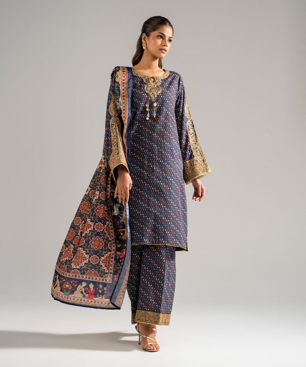 Women's RTW Dobby Embroidered Blue 3 Piece Suit