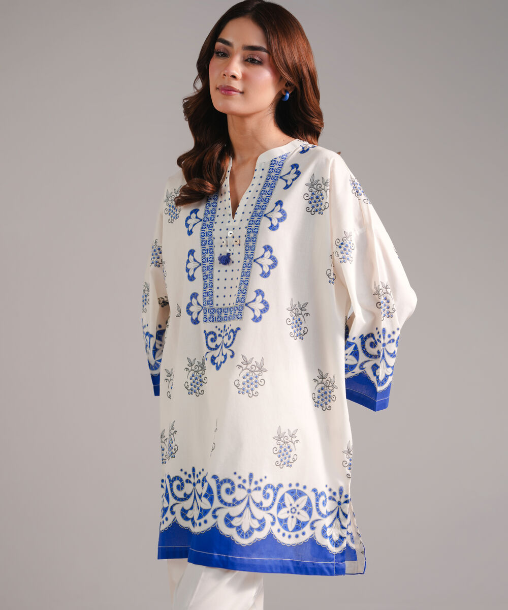 Women's RTW Lawn Printed Off White Straight Shirt