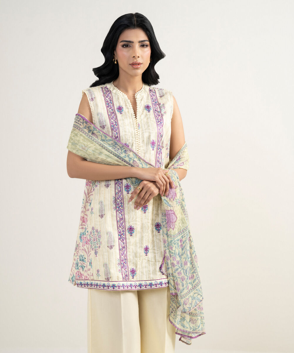 Women's RTW Cotton Embroidered Yellow 3 Piece Suit