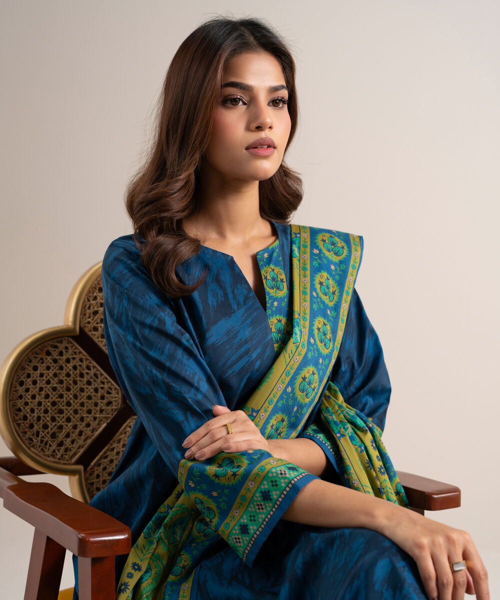 Women's Unstitched Lawn Printed Dark Blue 3 Piece Suit