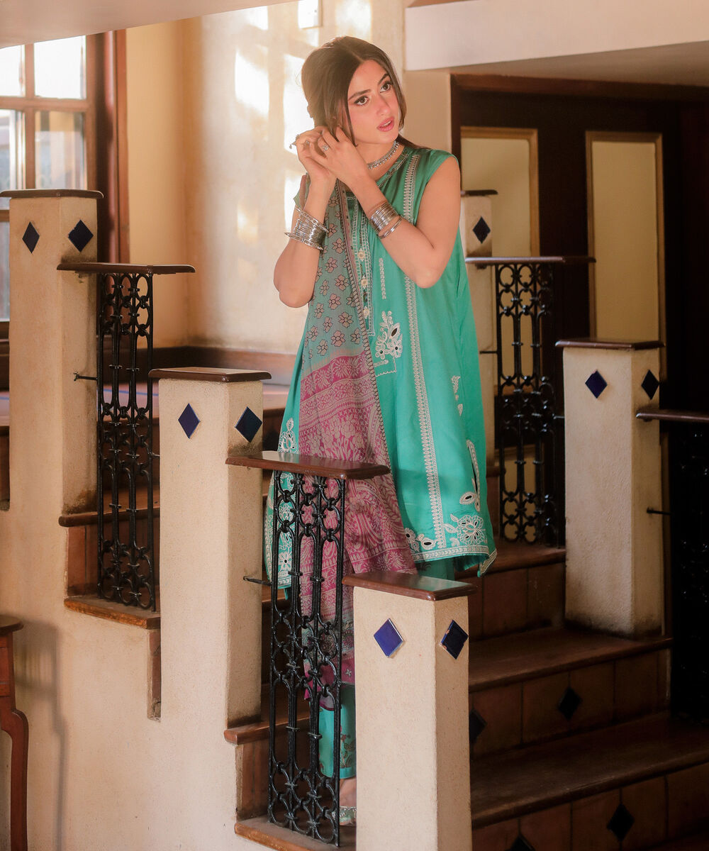 Women's RTW Dobby Embroidered Turquoise 3 Piece Suit