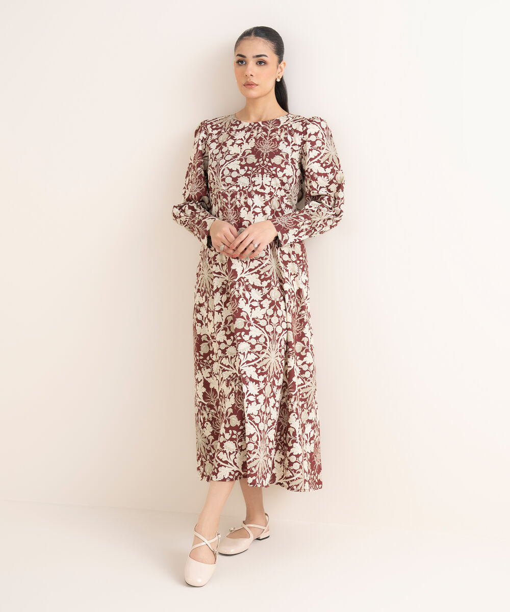 Women's RTW Cambric Printed Maroon Dress