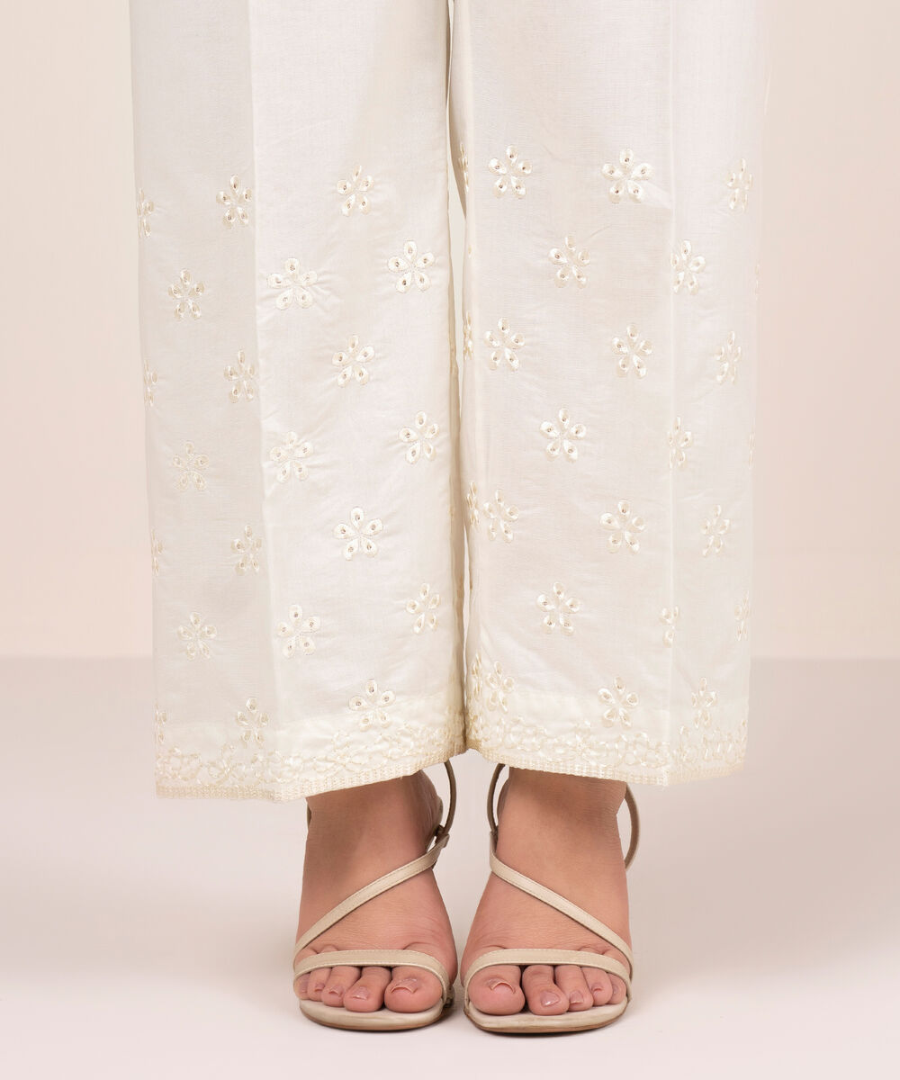 Women's RTW Cambric Embroidered Off White Culottes