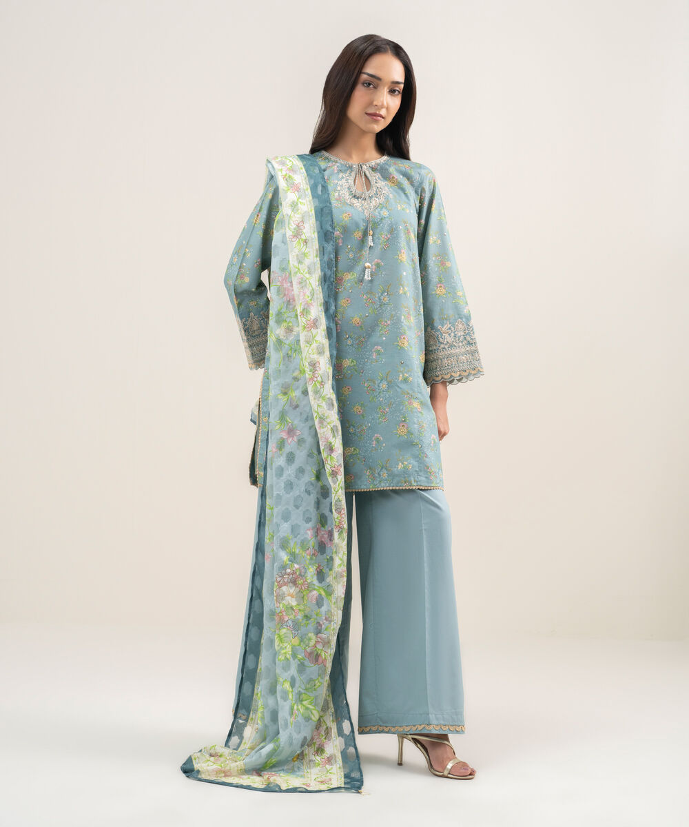 Women's RTW Zari Lawn Embroidered Blue 3 Piece Suit