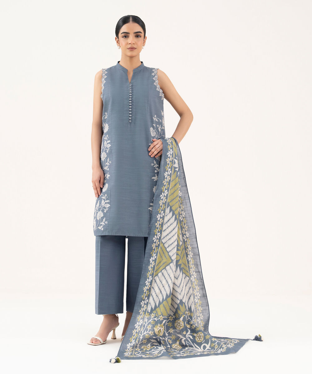Women's Unstitched Light Khaddar Embroidered Grey 3 Piece Suit