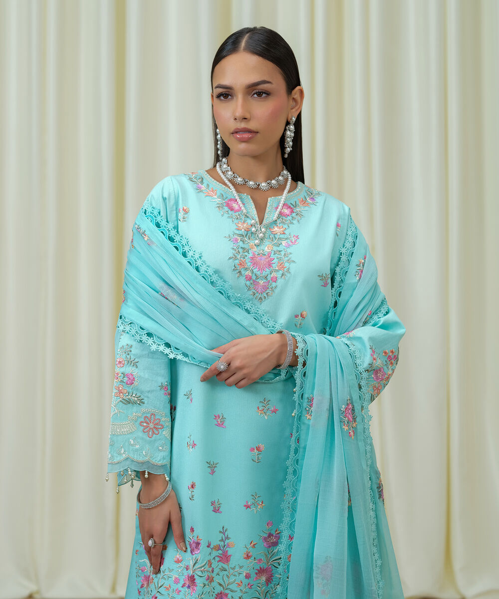 Women's Unstitched Cotton Net Embroidered Blue 3 Piece Suit