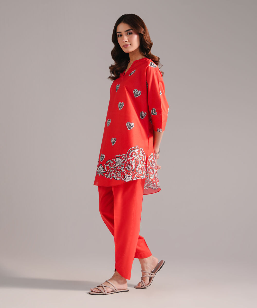 Women's RTW Lawn Printed Red Drop Shoulder Shirt