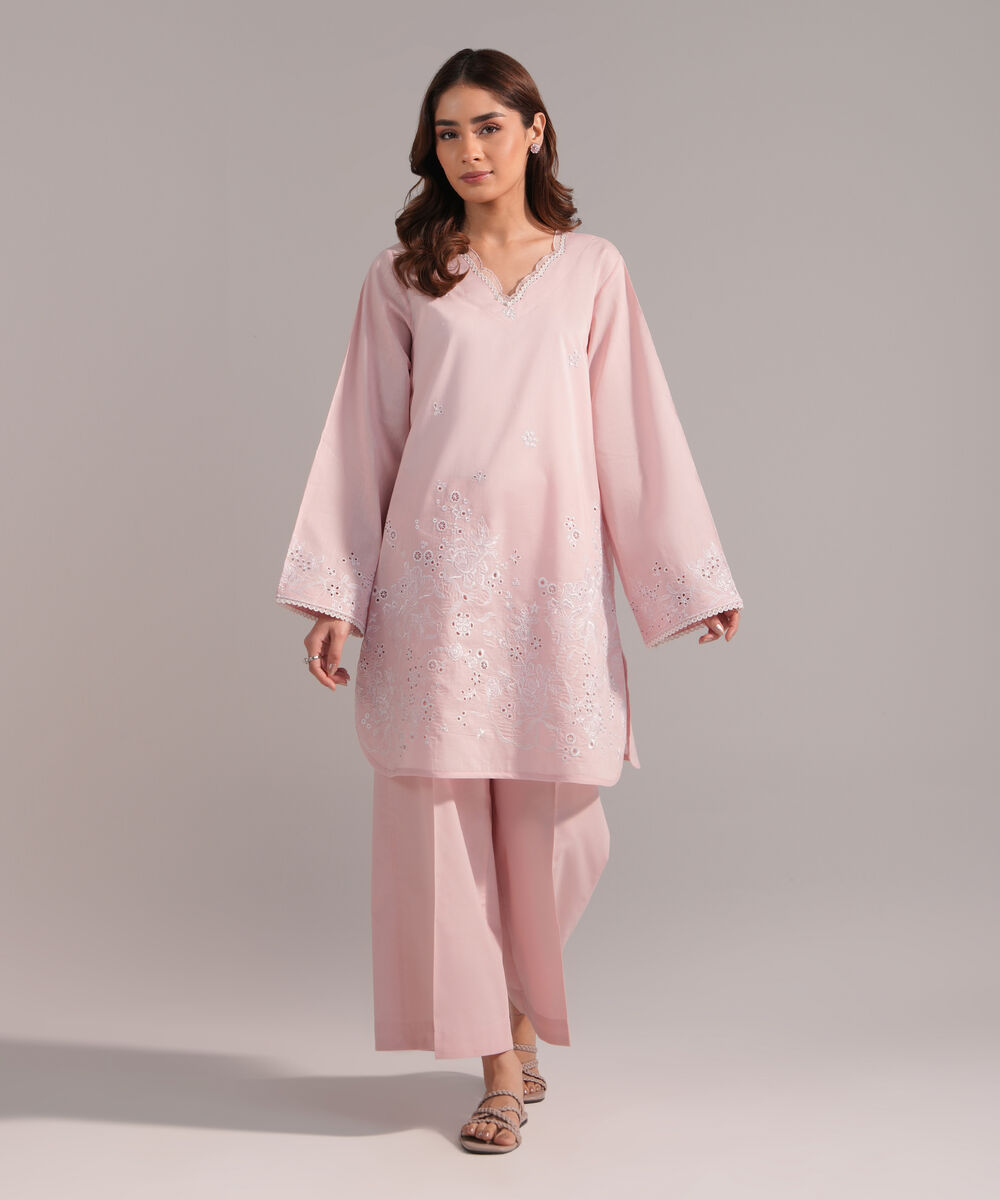 Women's RTW Crosshatch Embroidered Pink Straight Shirt