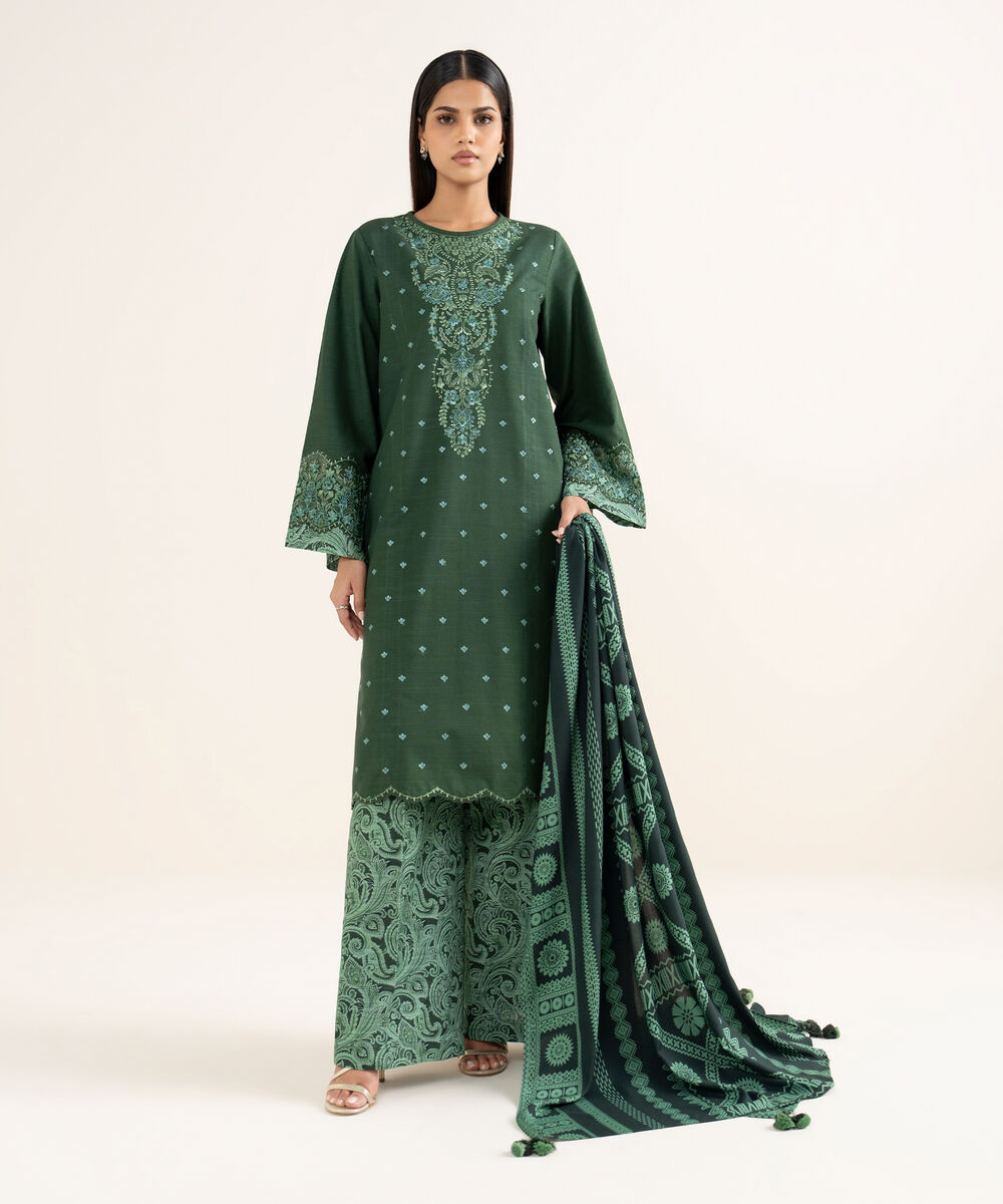 Women's Unstitched Light Khaddar Embroidered Green 3 Piece Suit