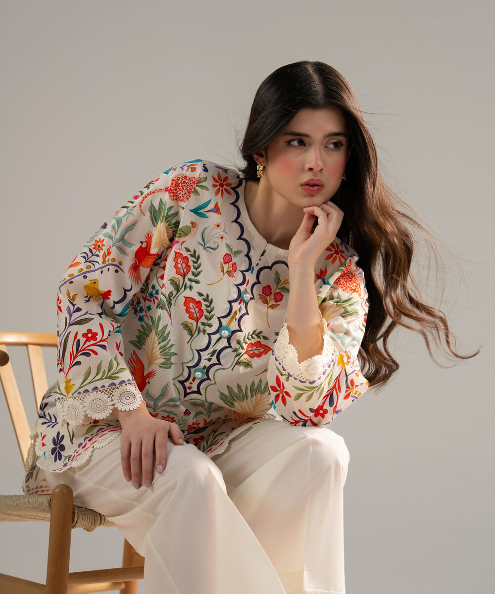 Women's RTW Lawn Printed Off White 2 Piece Suit