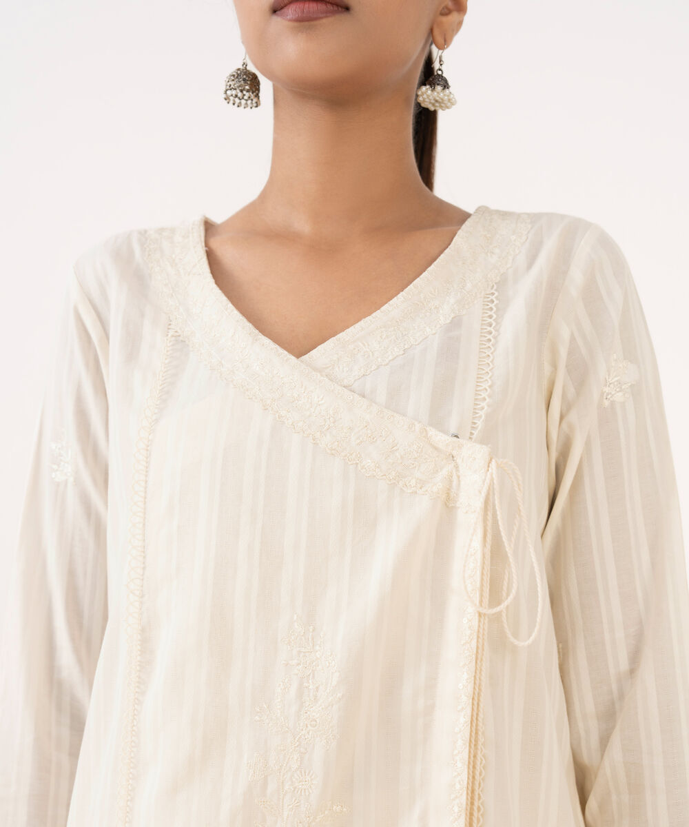 Women's RTW Textured Lawn Off White Embroidered Angrakha