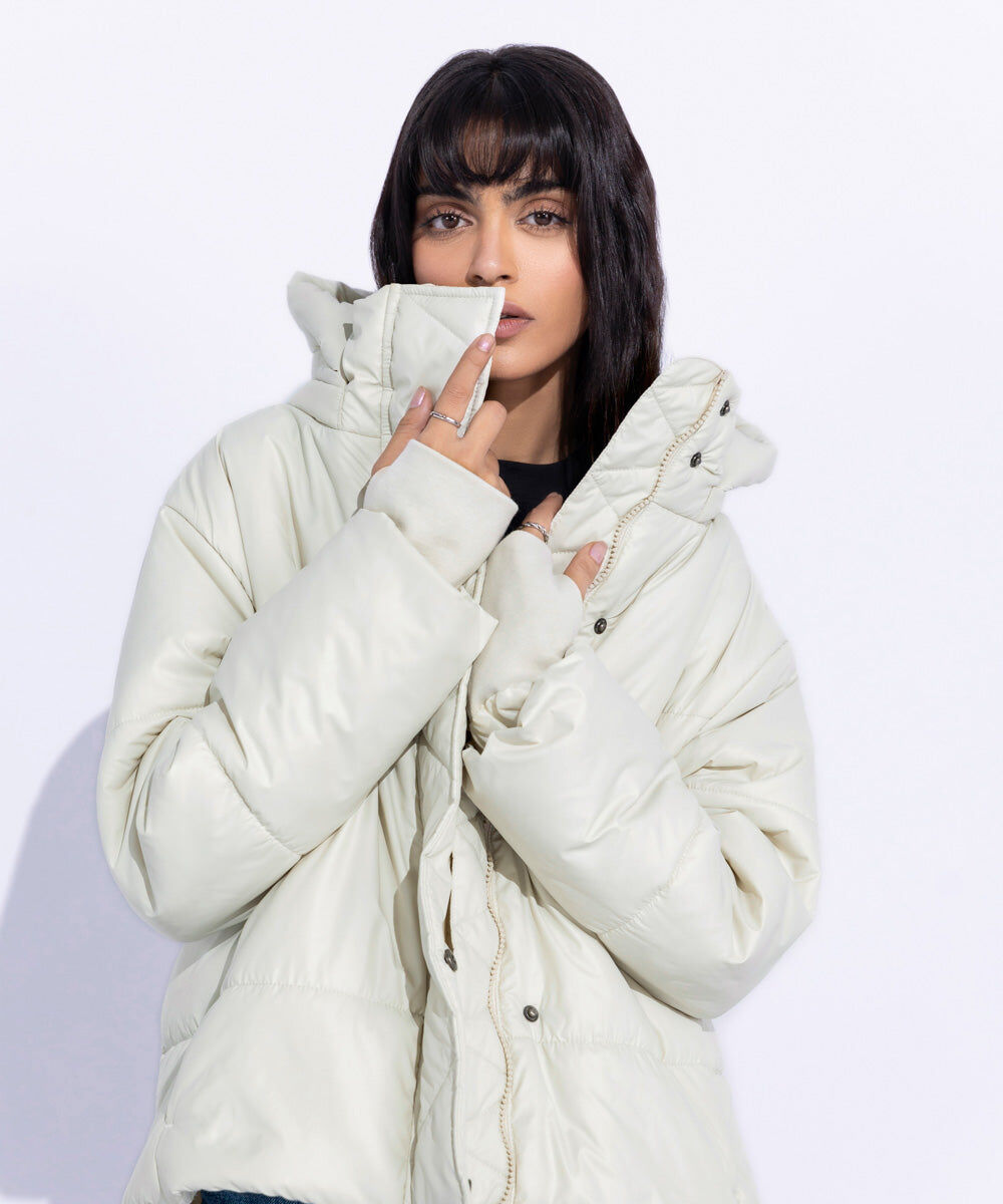 Woman - Off White Quilted Jacket with Removable Hood