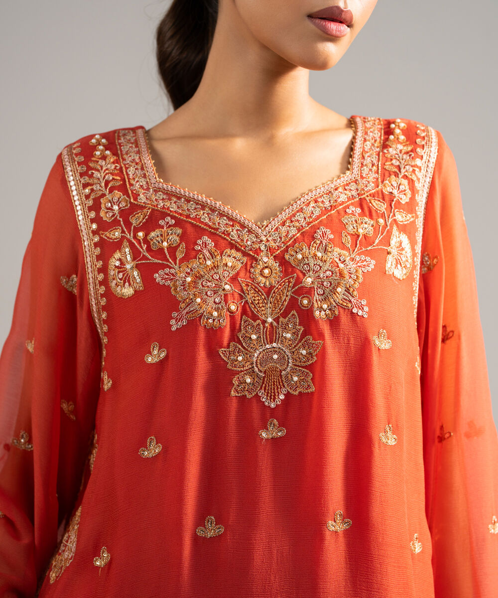 Women's RTW Chiffon Embroidered Rust 2 Piece Suit