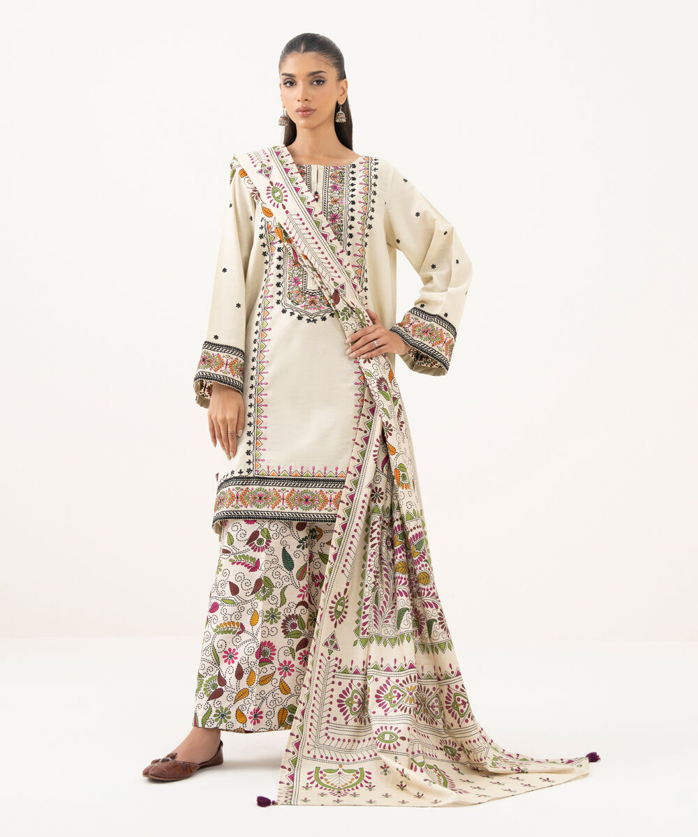Women's RTW Light Khaddar Embroidered A-Line Off White Shirt