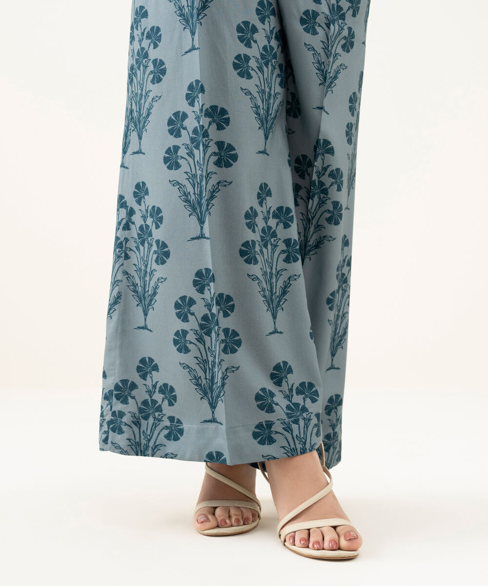 Women's RTW Linen Blue Printed Flared Pants
