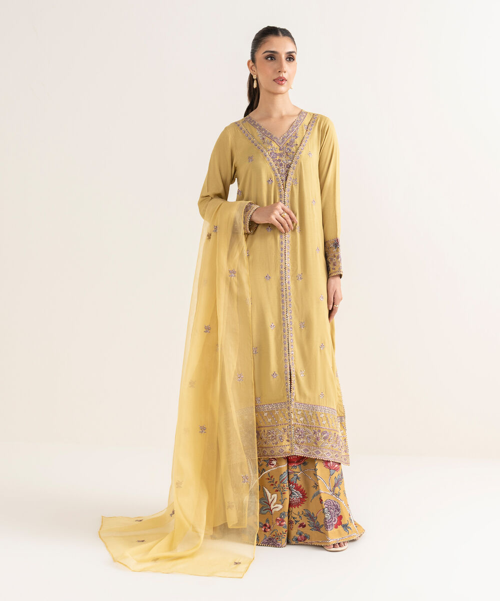 Women's RTW Viscose Raw Silk Yellow Embroidered A-Line Shirt