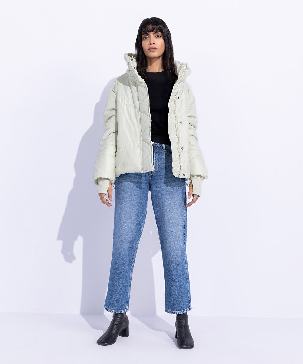 Woman - Off White Quilted Jacket with Removable Hood