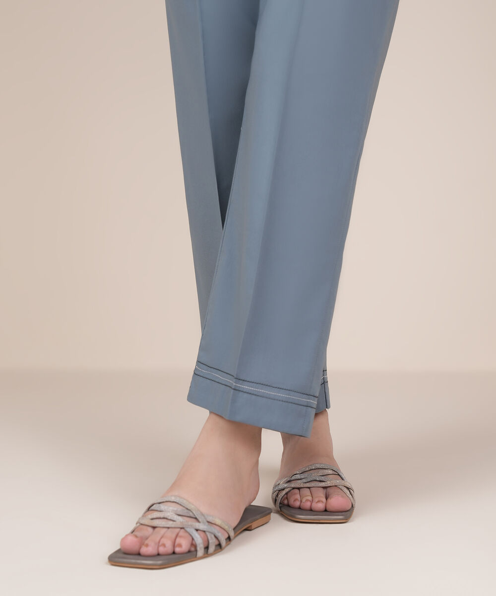 Women's RTW Cambric Blue Solid Straight Pants