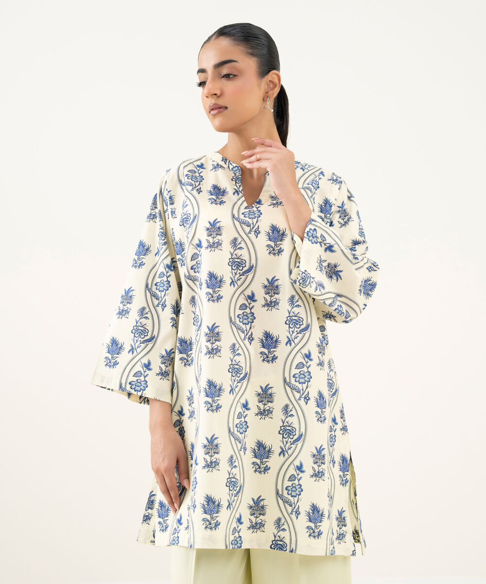 Women's RTW Cambric Printed Off White Straight Shirt