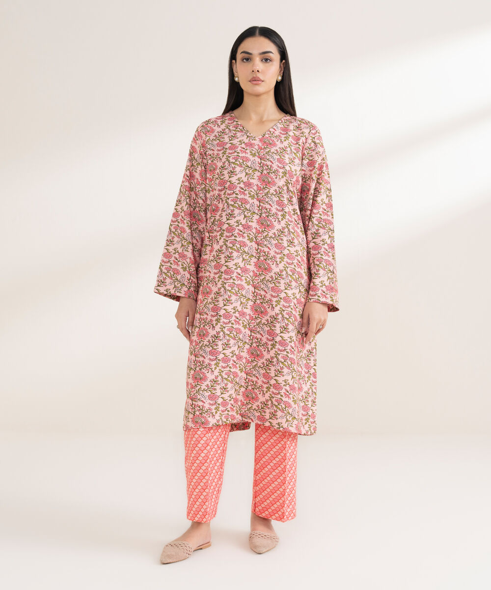 Women's RTW Arabic Khaddar Printed Straight Pink Shirt