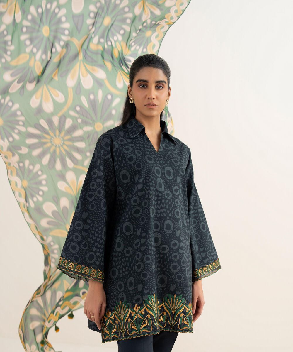 Women's Unstitched Lawn Embroidered Black  3 Piece Suit
