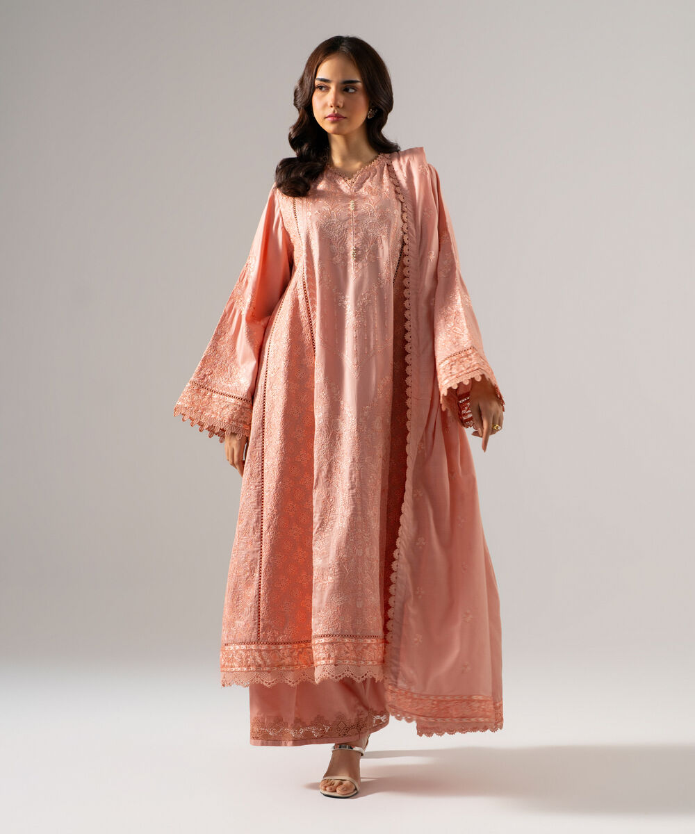 Women's RTW Cotton Satin Solid Embroidered Pink 3 Piece Suit