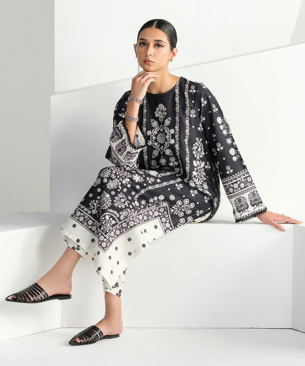 Women's RTW Lawn Black Printed A-Line Shirt