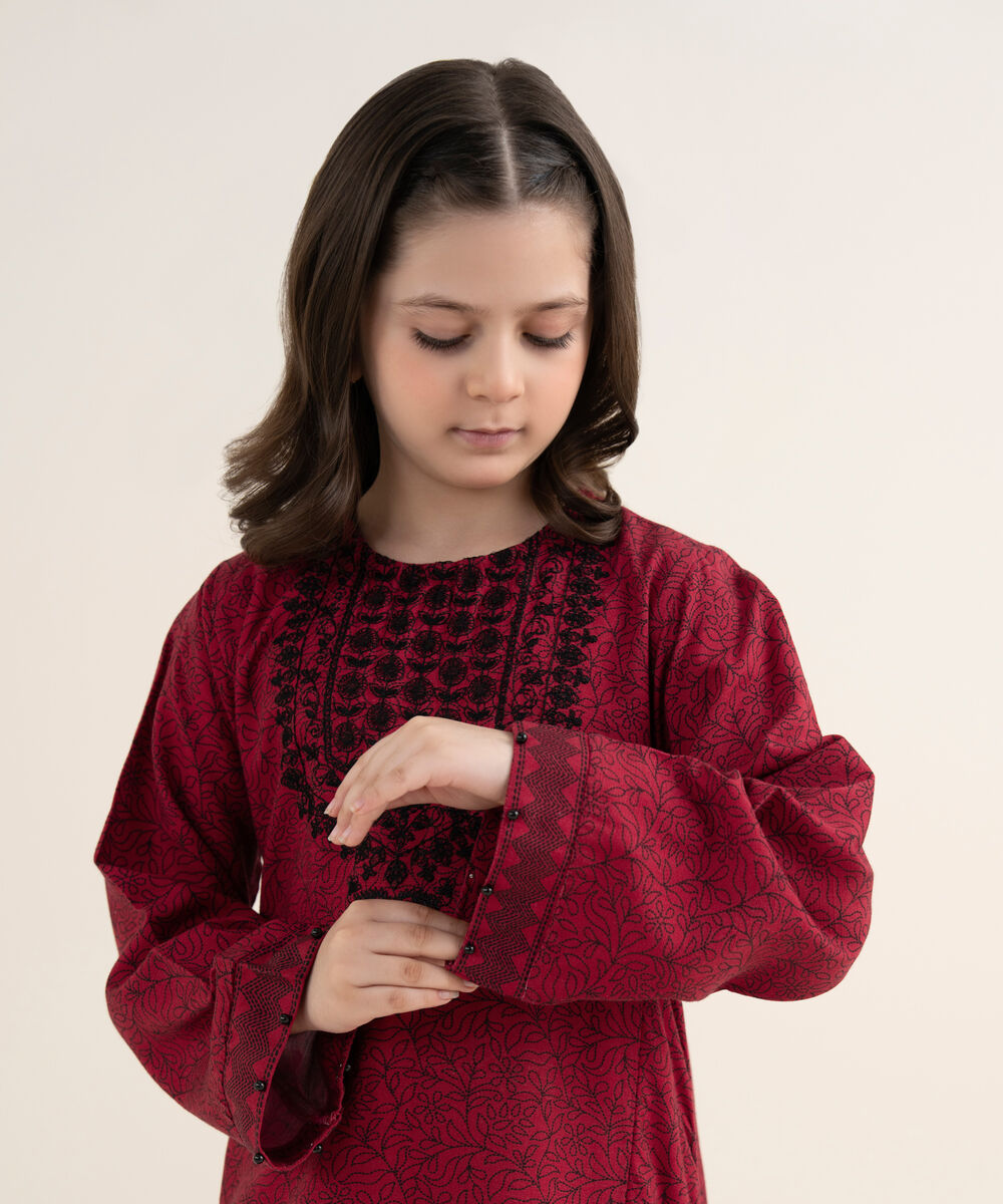 Girl's Herringbone Embroidered Red 2 Piece Set