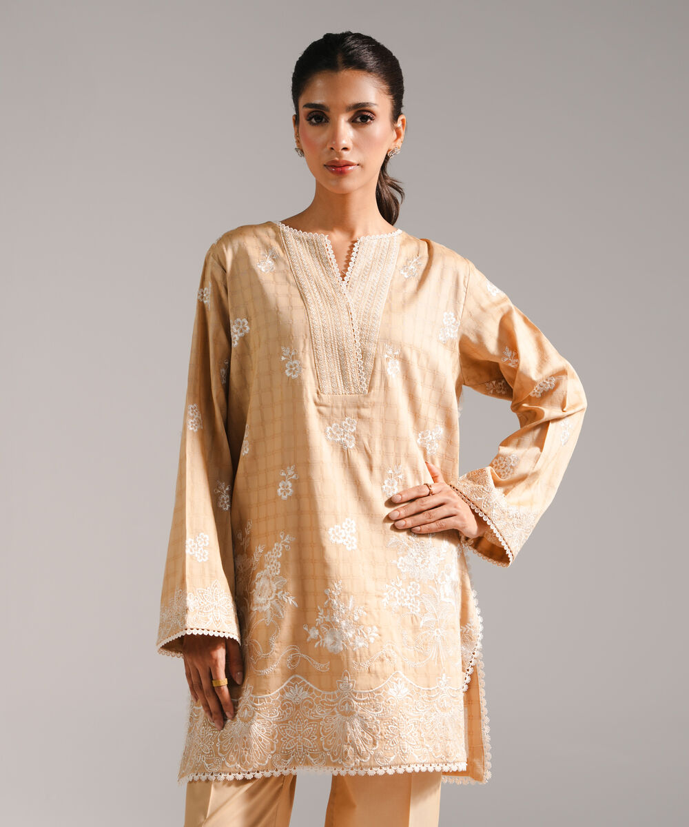Women's RTW Dobby Embroidered Straight Beige Shirt