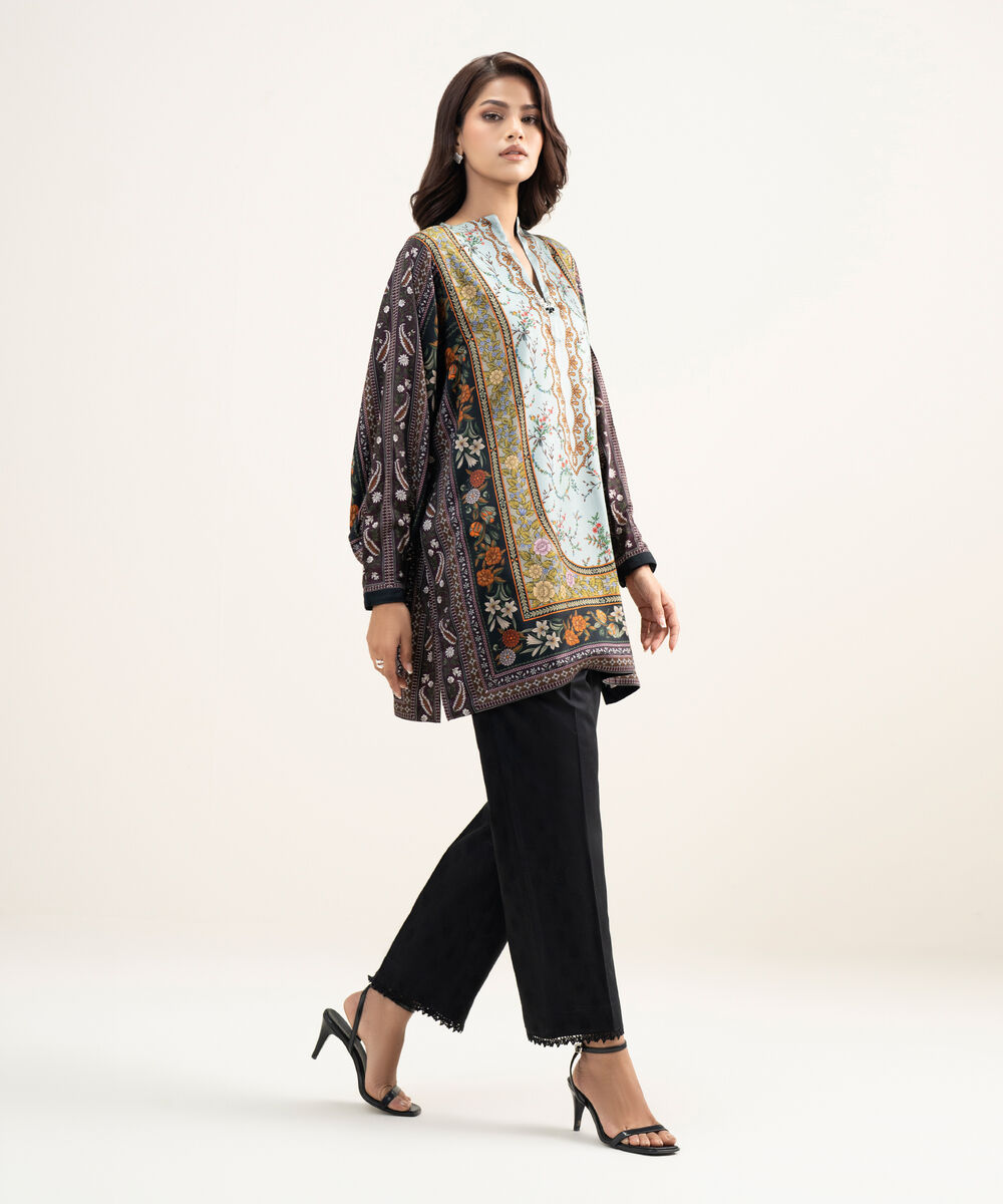 Women's RTW Premium Visocose Satin Printed Dark Blue Drop Shoulder Shirt